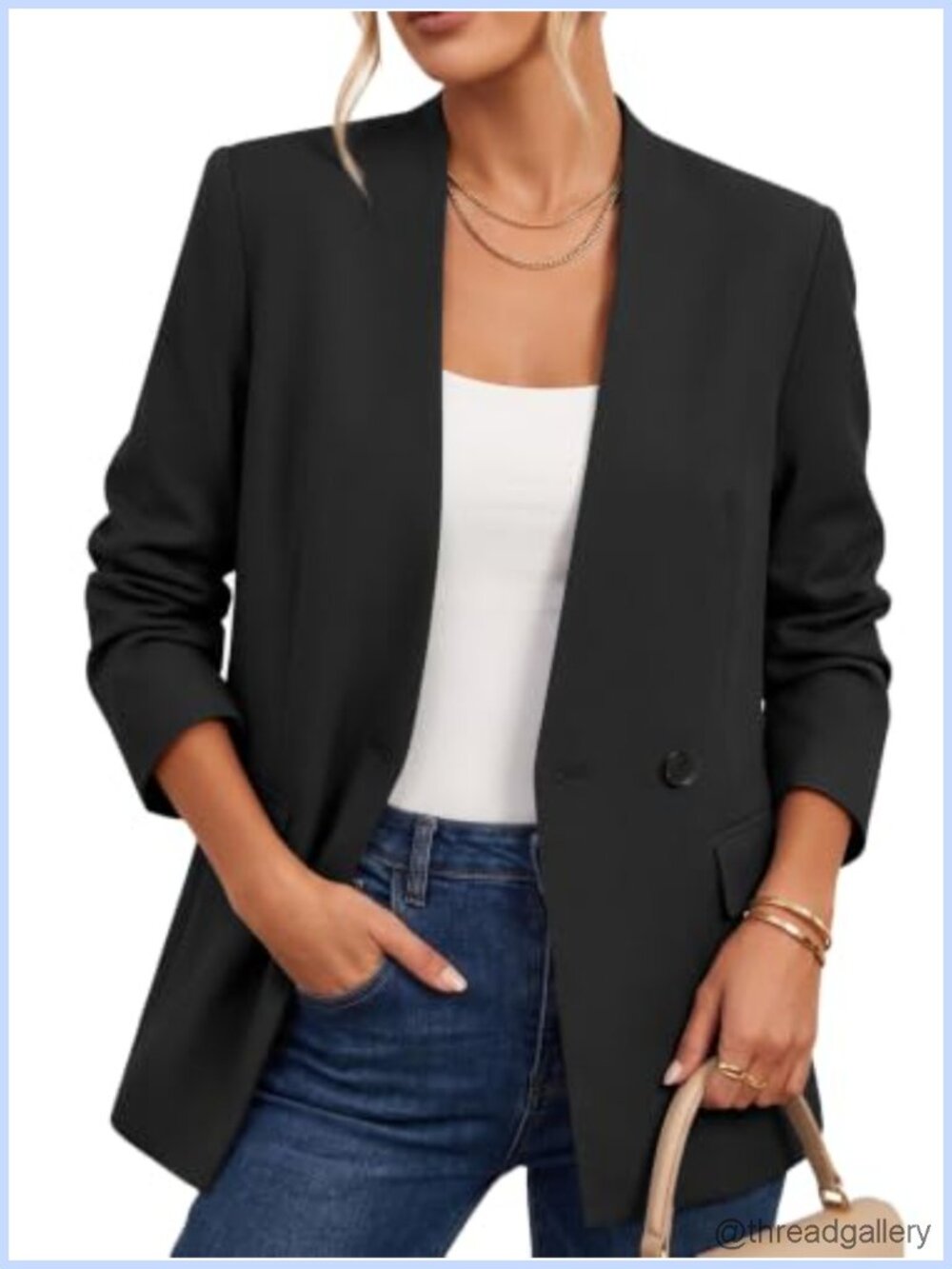 Oversized Collarless V-Neck Blazer Women Business Casual Button Front Loose Fit